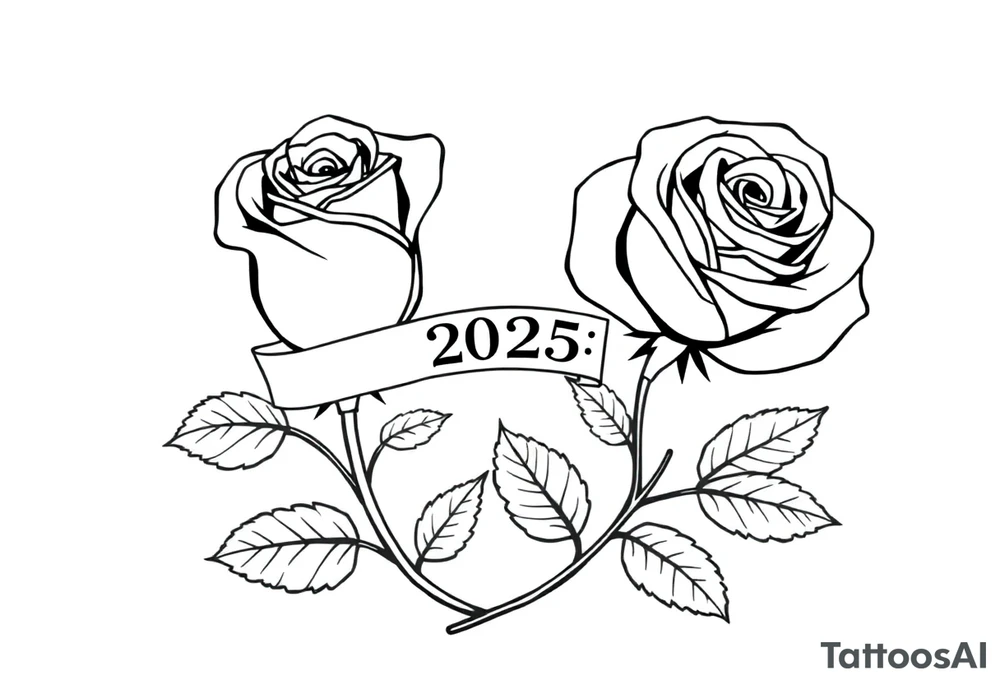 two beautiful large rose buds, one larger than the other, with many leaves next to the rose buds, with one sitting higher than the other. Include a banner connecting the two roses with the year 2025 on it.   Use dark outlines with little shading. The two stems should be short, not long, and connect and join into one stem, whimsically curved or twisted - not straight down. tattoo idea