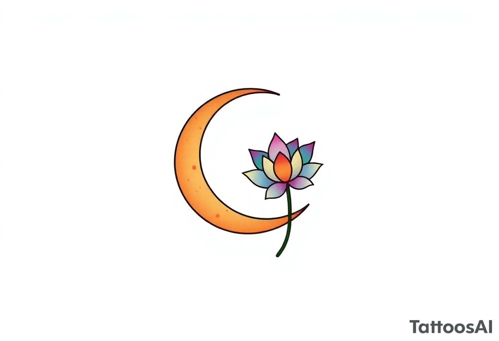 small colorful crescent moon with lotus flower tattoo idea