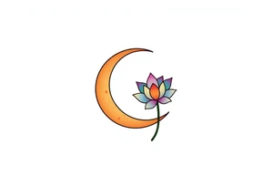 small colorful crescent moon with lotus flower tattoo idea