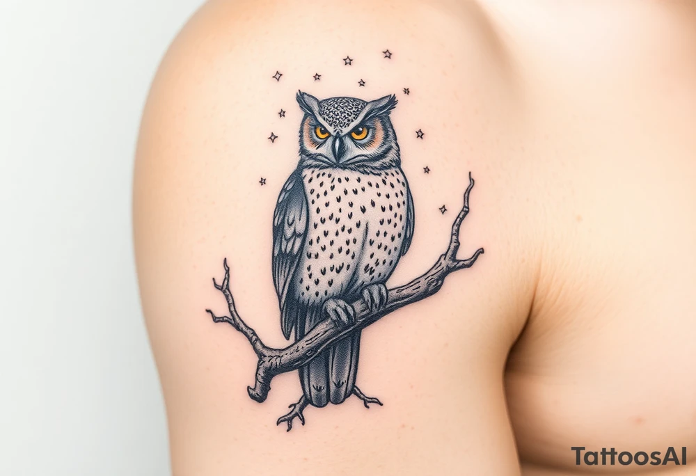 wise owl perched on ancient oak branch under starlit sky tattoo idea