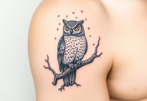 wise owl perched on ancient oak branch under starlit sky tattoo idea