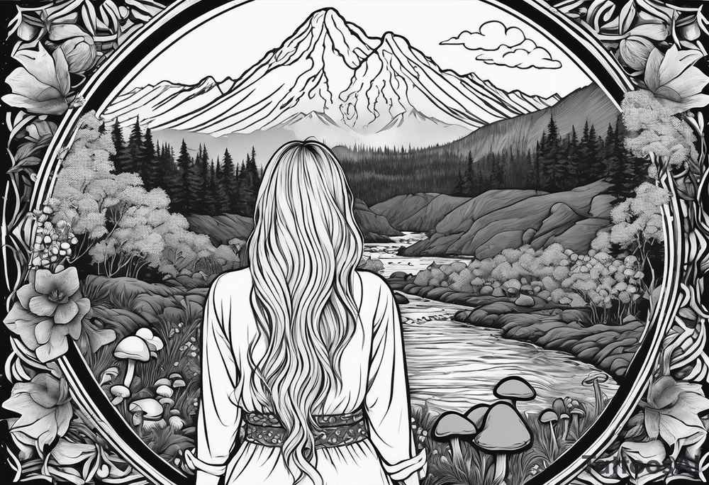 Whole picture encircled fully

Straight long blonde hair hippie girl in distance holding mushrooms in hand facing away toward mountains and creek surrounded by mushrooms long sleeve shirt and hiking pants; whole rendering within a full circle, no cut off circle tattoo idea