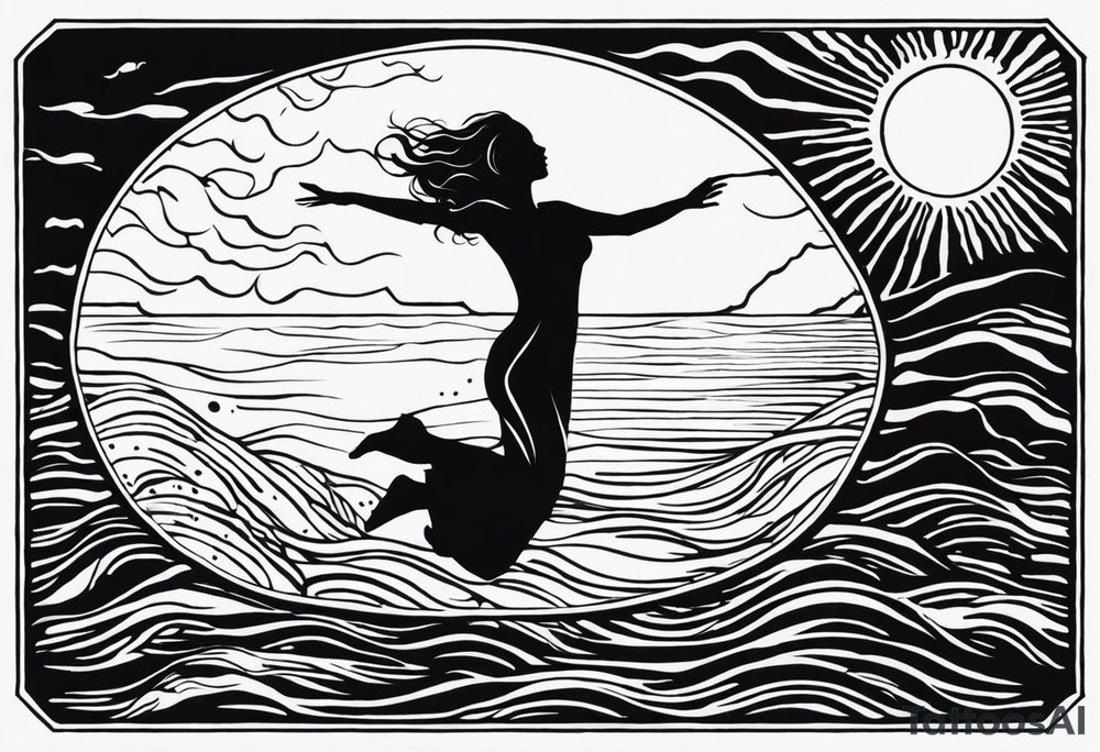 In a rectangle: woman underwater reaching up to the sky towards the sun. Under the water there is a layer of earth with Skeletons underground. “Momento Mori” written on the bottom of the rectangle and “Momento Vivere” written on the top of the rectangle tattoo idea