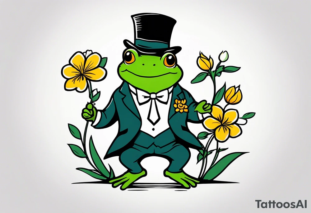Cute Frog smiling wearing top hat and a suit standing on its Back legs while holding flowers tattoo idea Cute Frog smiling wearing top hat and a suit standing on its Back legs while holding flowers tattoo idea