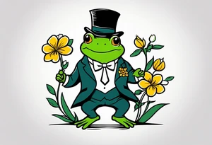 Cute Frog smiling wearing top hat and a suit standing on its Back legs while holding flowers tattoo idea