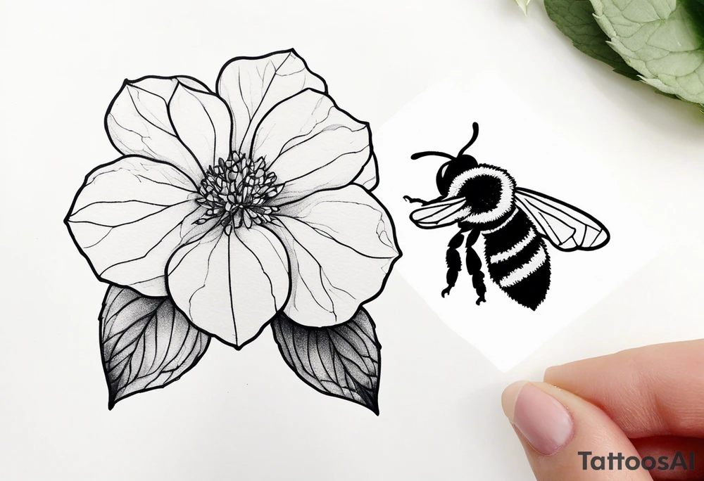 Small tattoo. There’s a hydrangea and a bee but they are not touching. Make the bee smaller than the hydrangea and have the bee off to the side. Bee is smaller than the hydrangea tattoo idea
