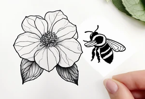 Small tattoo. There’s a hydrangea and a bee but they are not touching. Make the bee smaller than the hydrangea and have the bee off to the side. Bee is smaller than the hydrangea tattoo idea
