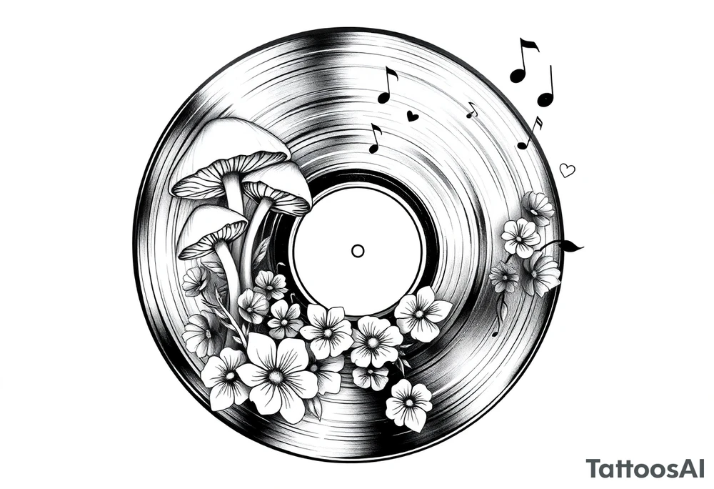vinyl record with mushrooms, flowers, hearts, and music notes tattoo idea
