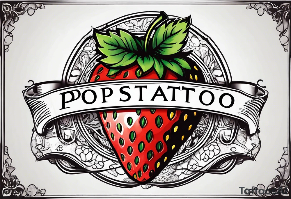 simple single  Strawberry with banner across it that says Pops tattoo idea