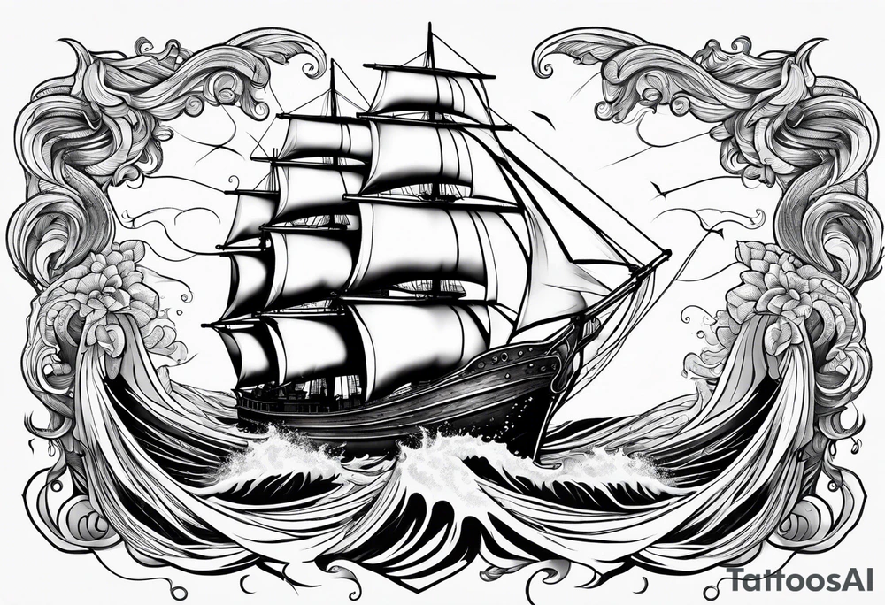 Sailing ship in storm with waves of hair from beautiful mermaids tattoo idea