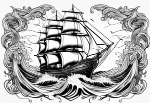 Sailing ship in storm with waves of hair from beautiful mermaids tattoo idea