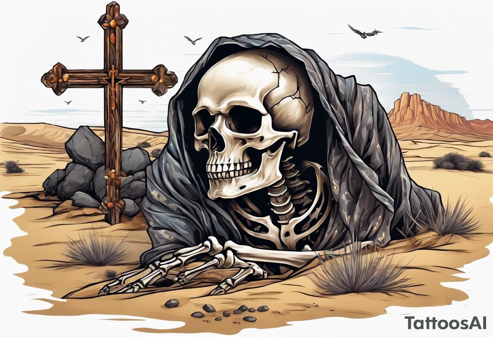 skeleton crawling towards a cross in a desert tattoo idea