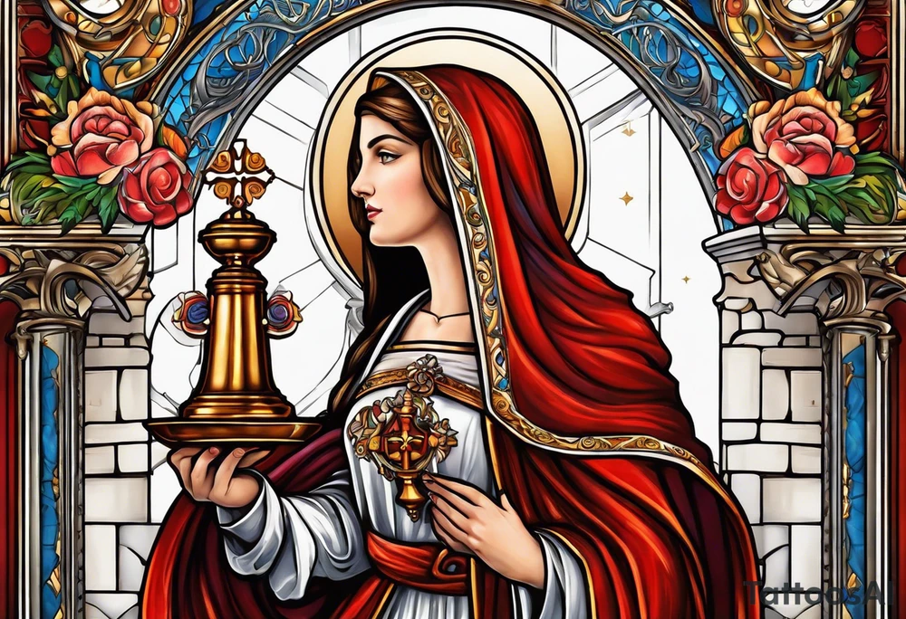holy saint barbara with canons behind her and a chalice tattoo idea