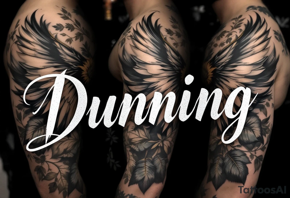 Dunning, Details include name in white color,angel wing, rain drop jungles leaves,cool font, gold highlights tattoo idea