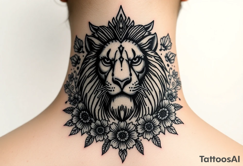 powerful majestic lion with a crown, surrounded by floral ornaments and birds tattoo idea