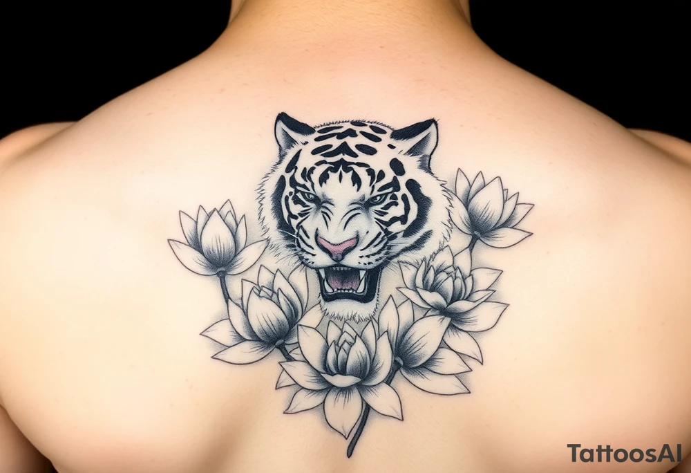 fierce tiger emerging through blooming lotus flowers in mist tattoo idea