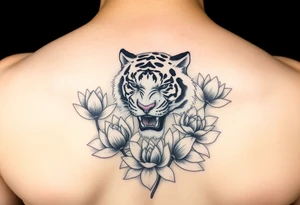 fierce tiger emerging through blooming lotus flowers in mist tattoo idea