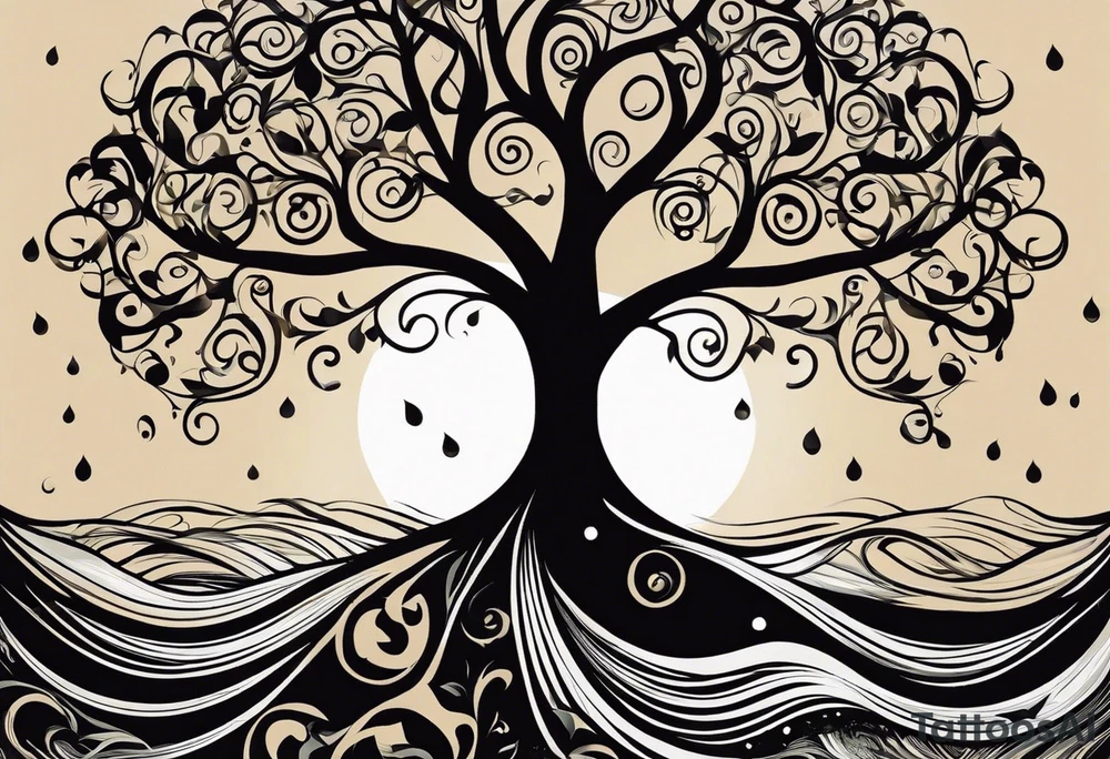 A tattoo design that incorporates the following elements: an abstract tree of life that has roots emerging  from the ground. Waves of water encapsulate the tree and wind around it in an organic way.  Incorporate music.   the letters U and A are overlapping and engraved into the tree. a golf ball incorporated but not prominent. tattoo idea