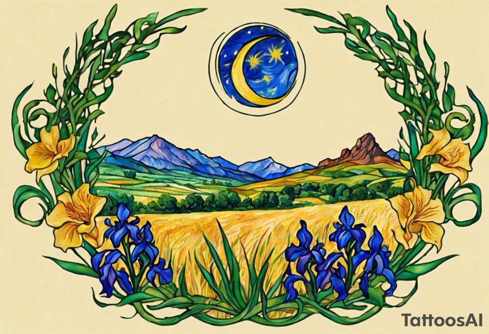Create a small colorful Vincent van Gogh Irises tattoo in the form of a crescent, with vines or Celtic knots gracefully intertwining at a central point in the middle of the wreath.  In the middle of the wreath are mountains and other items found in New Mexico. Ensure that the design avoids the appearance of a bush and maintains a more structured and deliberate arrangement. The intended placement is on the upper chest. The overall design should be small in size while maintaining a delicate and artistic aesthetic. Pay attention to the graceful flow of the vines and the placement of the irises to achieve a refined and elegant look. tattoo idea