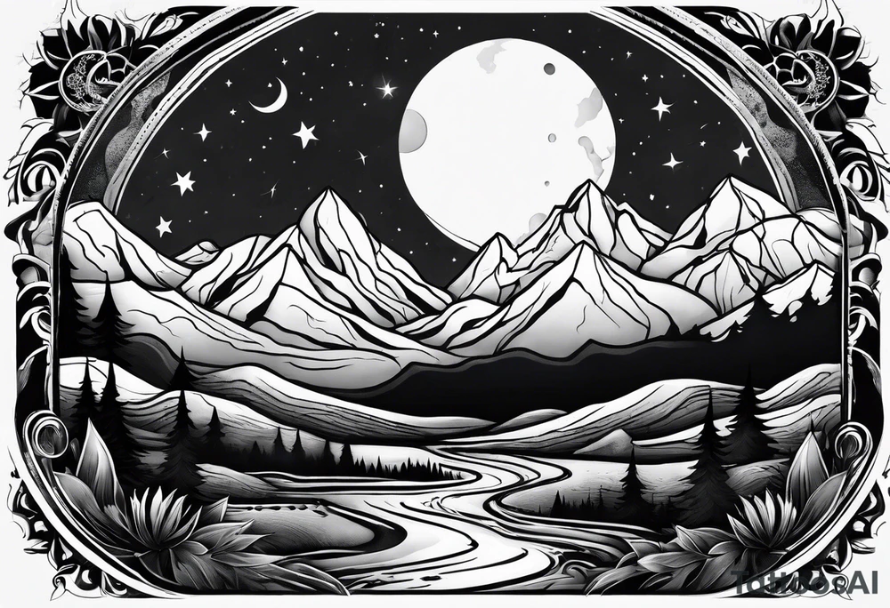 Moon with mountains tattoo idea