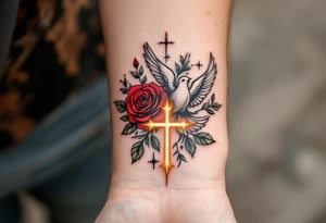Elegant cursive script reading "Love, Faith, Hope" wrapped around a red rose, a white dove, and a glowing gold cross. tattoo idea