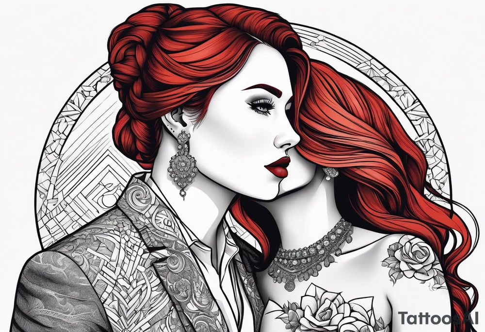 Busty red haired woman and a bearded man with black hair getting married tattoo idea