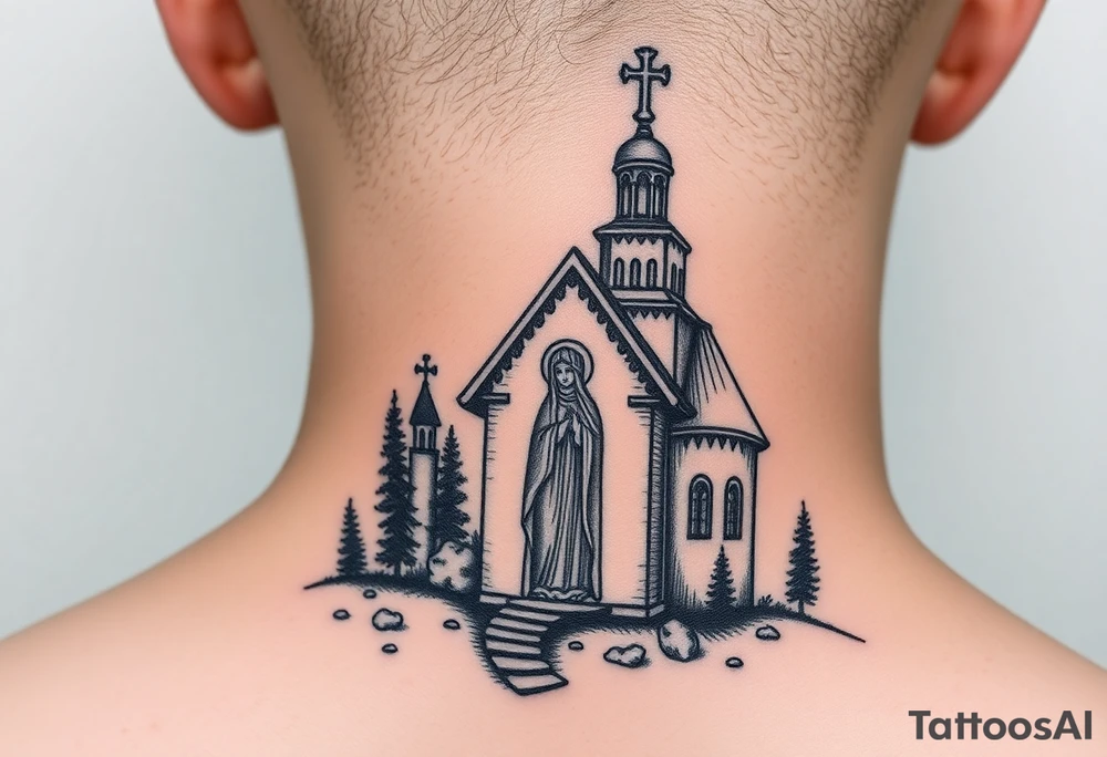 Traditional russian orthodox church in a wilderness setting with a prominent orthodox style virgin mary tattoo idea