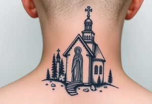 Traditional russian orthodox church in a wilderness setting with a prominent orthodox style virgin mary tattoo idea