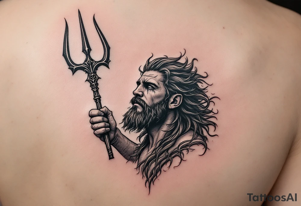 crying poseidon, behind a trident, looking at the sky tattoo idea