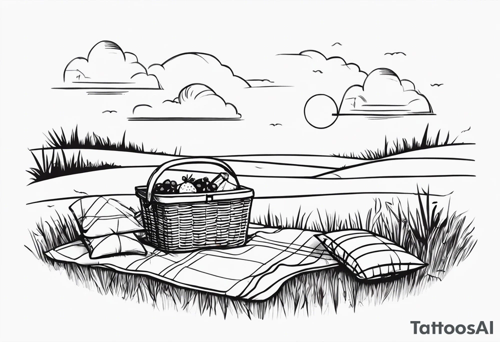 Very light and minimalstic picnic scene on meadow. A blanket, picnic-basket with lid, pillows and pennants. Thin lines. tattoo idea