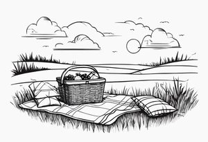 Very light and minimalstic picnic scene on meadow. A blanket, picnic-basket with lid, pillows and pennants. Thin lines. tattoo idea