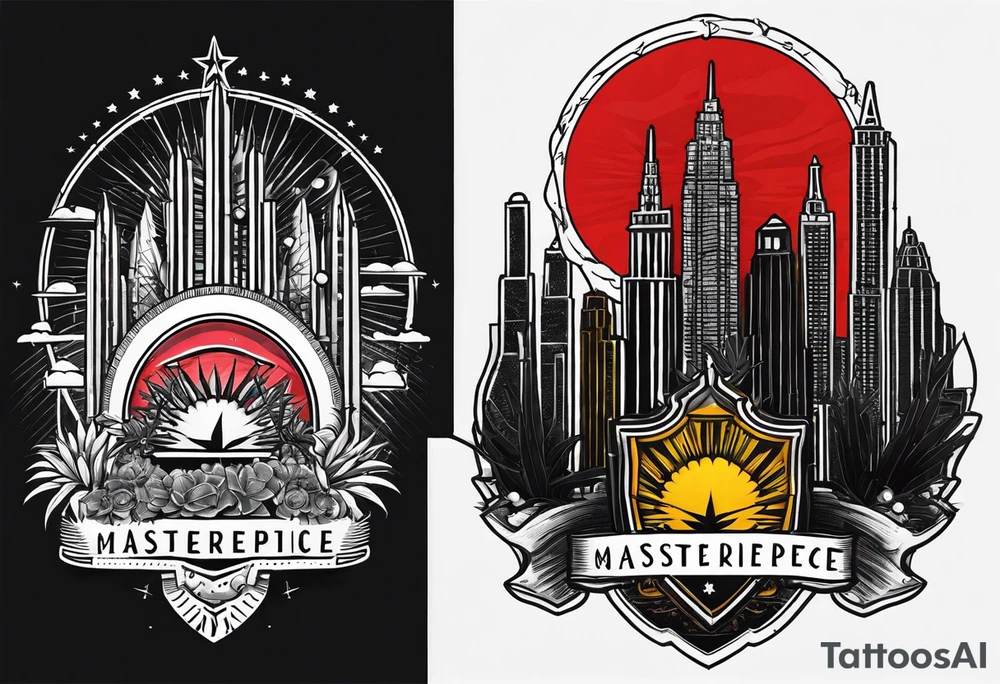 Crest with a hood on top,
13 rays of red and weld-yellow on the top half. NYC sky line
a cactus on the left side and a royal palm on the right side tattoo idea