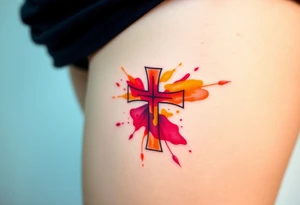 A watercolor-style Maltese cross in splashes of deep red, orange, and yellow, creating a vibrant artistic effect. tattoo idea