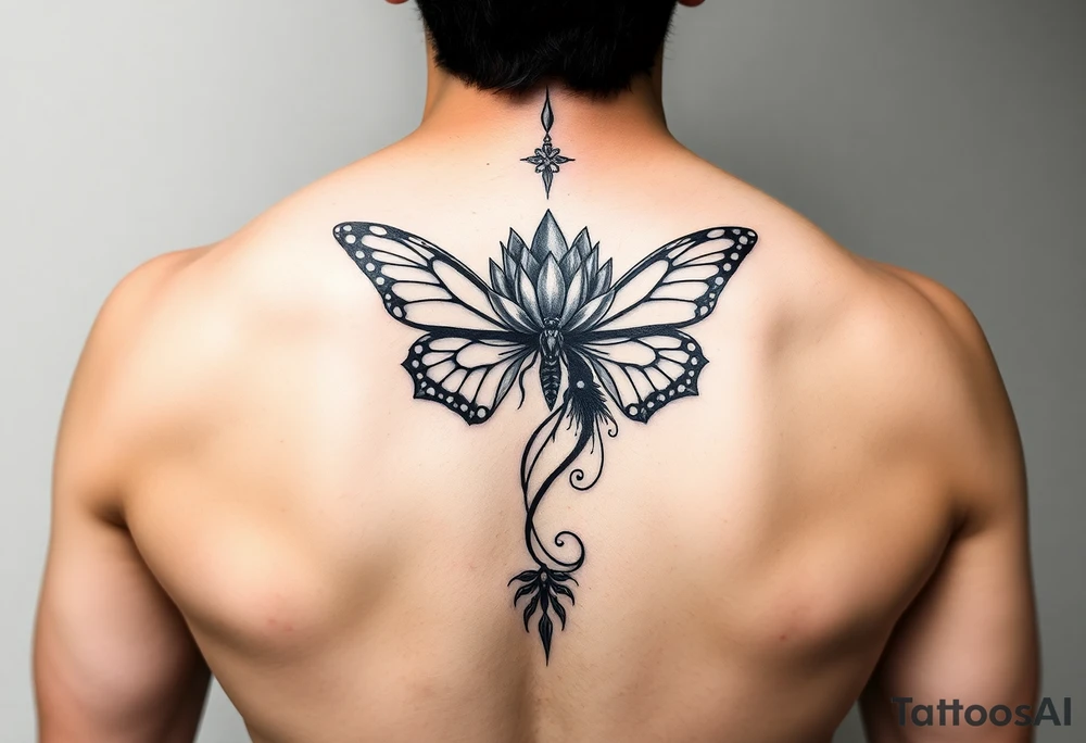 Elegant spine tattoo with lotus flower and butterfly with cracked wings mid back down tattoo idea