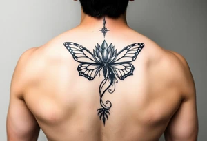 Elegant spine tattoo with lotus flower and butterfly with cracked wings mid back down tattoo idea