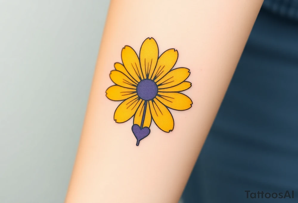 Simple yellow daisy with Purple Hearts & cross tattoo idea