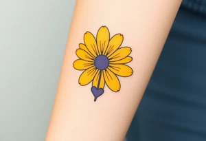 Simple yellow daisy with Purple Hearts & cross tattoo idea