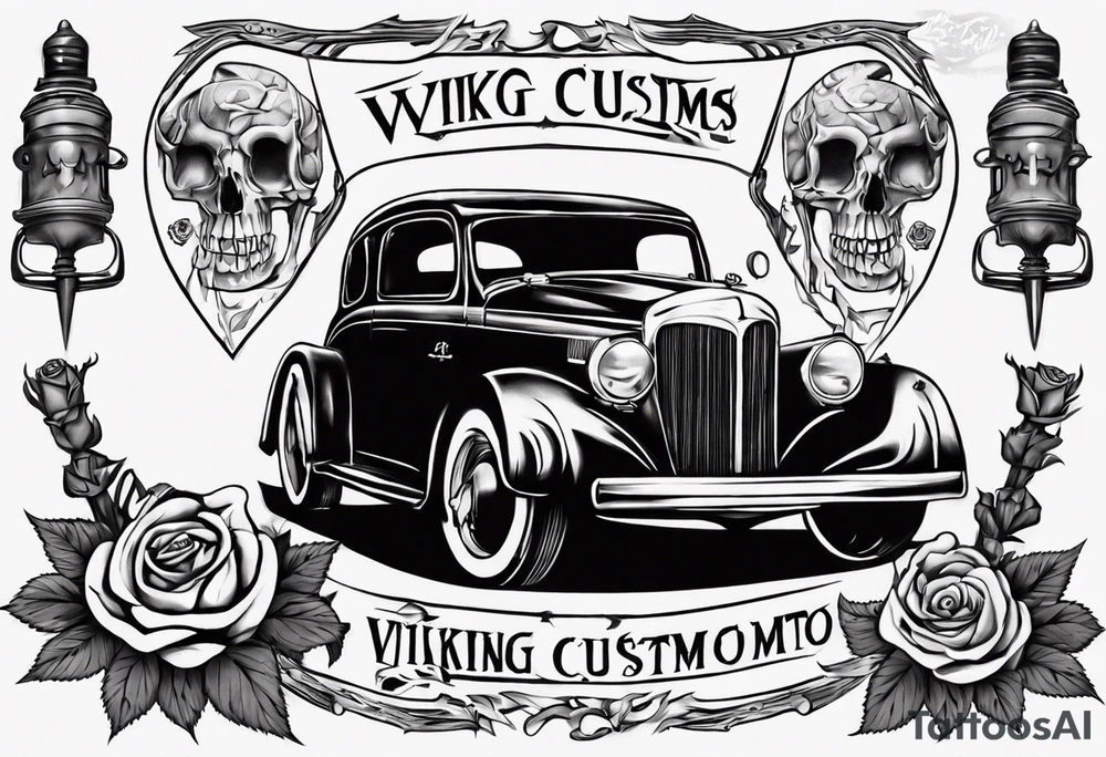 I want a tattoo of an old classic car and a skeleton with roses in the back with the name “Viking Customs” incorporated in the design tattoo idea