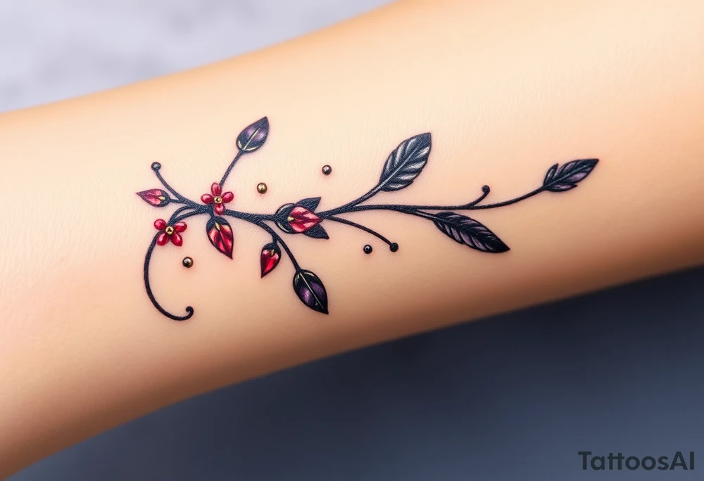 Bracelet with vines and feathers
Purple, red and black with a jewelry like finish
add gold
and silver with a dragon tattoo idea