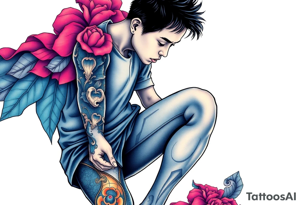 Handsome Asian young guy is standing on his knees and looking down tattoo idea