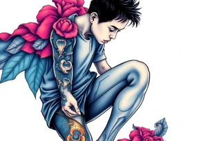 Handsome Asian young guy is standing on his knees and looking down tattoo idea