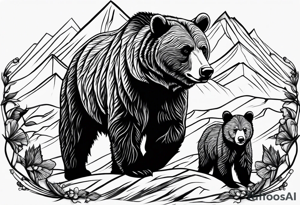 mamma bear and cub with mountains tattoo idea