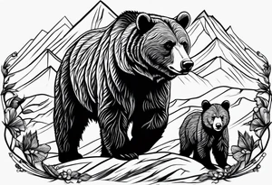 mamma bear and cub with mountains tattoo idea