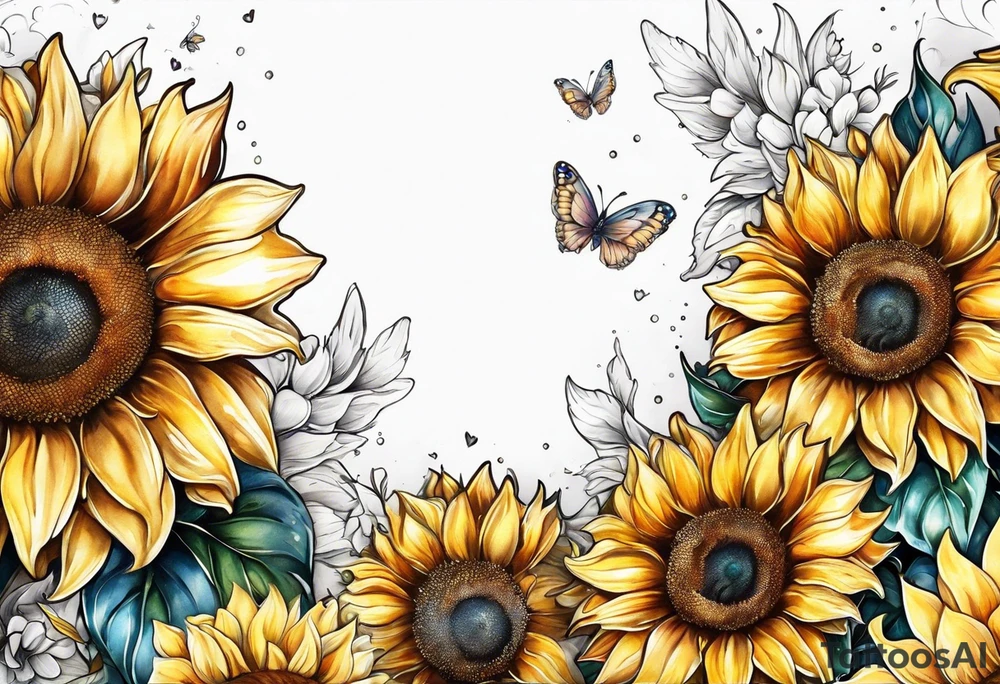 Sunflowers and angel wings leg sleeve tattoo idea