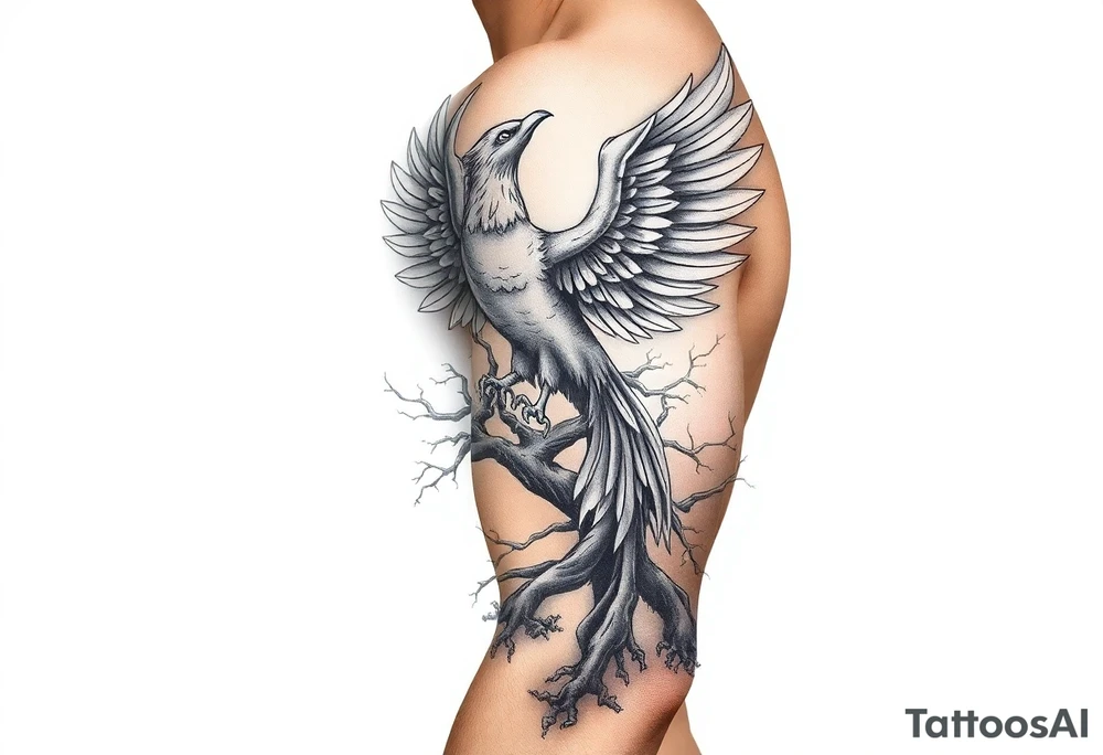 Powerful Phoenix rising from tree of life tattoo idea