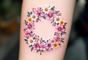 A circle made of tiny colorful flowers in pink, white, and yellow, symbolizing the cycle of life. tattoo idea