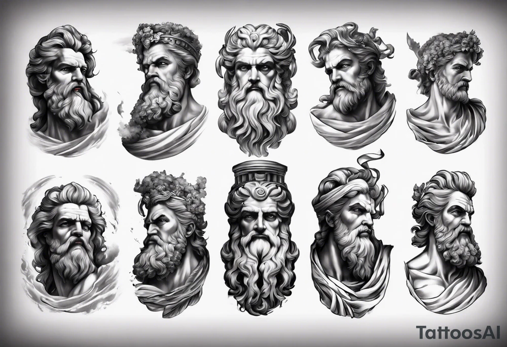GREEK GOD ZEUS STATUES 
ARM SLEEVE 
REALISTIC tattoo idea