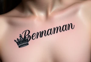 The name Benjamin with a kings crown at the front, on the left side of a women’s chest in cursive tattoo idea