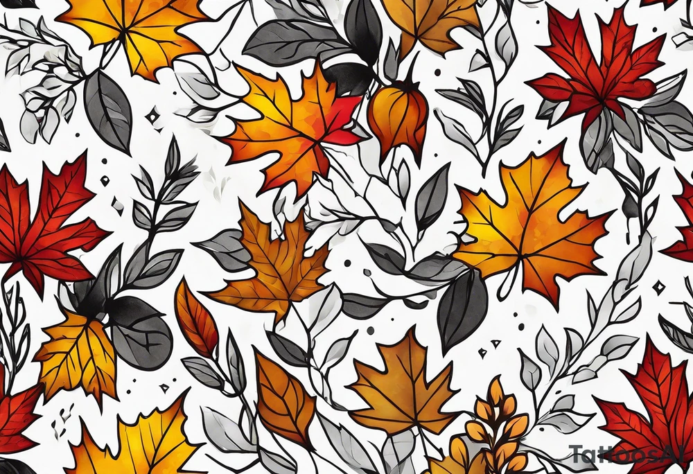 Arm Sleeve Tattoo with fall colors,  flattened tattoo idea