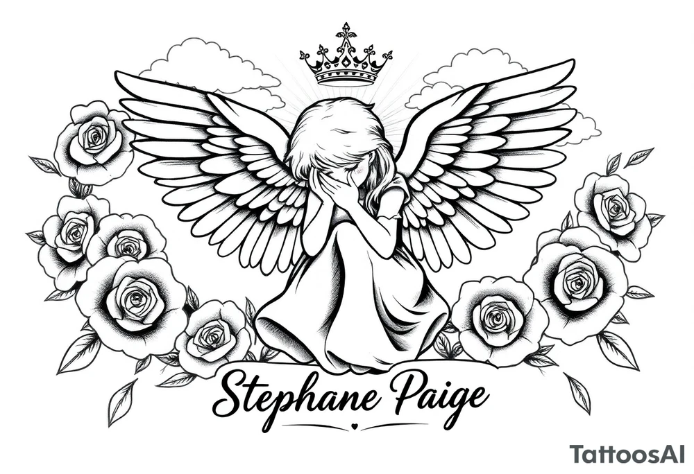 A beautiful memorial tribute tattoo with a fallen angel with big beautiful wings kneeled down crying with roses all around and clouds above and beams of haven shining down. With the saying " You were my favorite hello,and my hardest goodbye.Until we meet again,my sweet girl,rest easy" with the name Stephanie Paige underneath the saying ,all in bold beautiful writing or font. Add a bold crown at the top of it all and any extras you feel would blend or go with this idea. tattoo idea